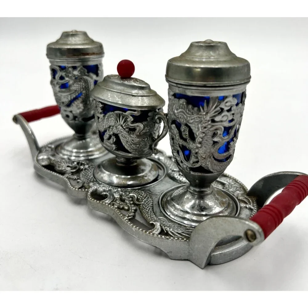 Ornate Carved Dragon Salt Pepper Toothpick Holder Tray Table Set Japan